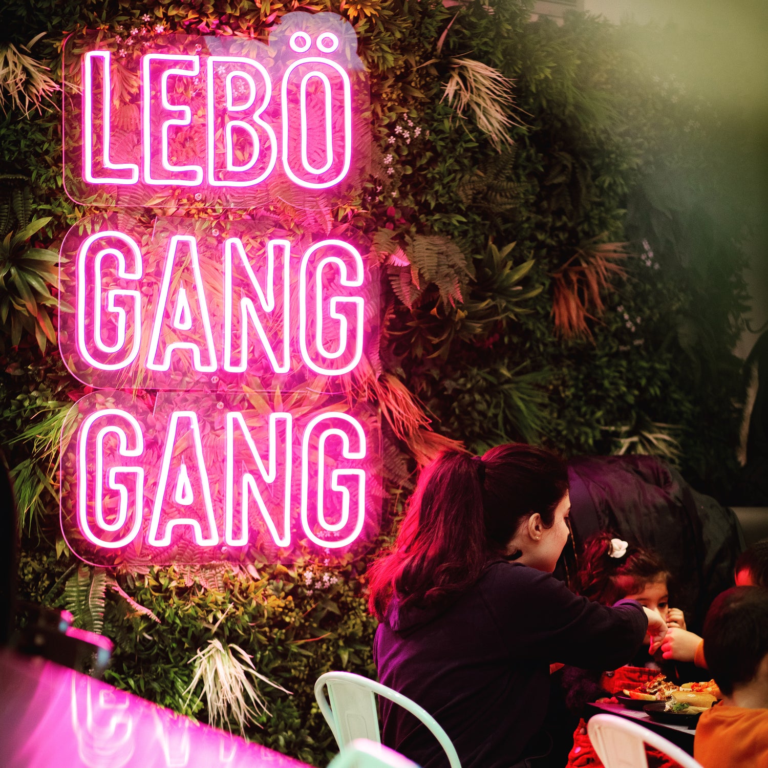 Photo of a Neon Light in the Restaurant saying LEBO GANG GANG